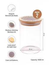 Homestic Borosilicate Glass Jar with Printed Bamboo Lid|Kitchen Organizer Items and Storage|Multi-utility, Leakproof, Airtight Storage Jar for Cookies,Snacks,Tea,Coffee,Sugar|Pack of 2(1000ml)